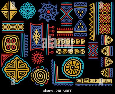 set of hand drawn tribal ornaments. Abstract geometric ethnic object brushes. Colorful isolated on black background. Stock Vector