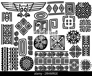 set of hand drawn tribal objects. Abstract geometric ethnic ornament brushes. Monochrome isolated on white background. Stock Vector
