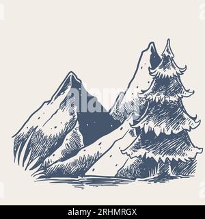 Sketch of Mountain with big pine tree. Hand drawn vector landscape with mountains, trees in the mountains. Perfect for banner, poster and sticker desi Stock Vector