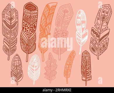 Hand drawn bohemian, tribal, ethnic set of feathers. Rustic decorative feathers. Vintage vector design set. Stock Vector