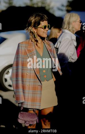 Copenhagen, Denmark. 10th Aug, 2023. Street style, arriving at Rotate Spring-Summer 2024 show, during Copenhagen Fashion Week, Denmark, on August, 2023. Photo by Marie-Paola Bertrand-Hillion/ABACAPRESS.COM Credit: Abaca Press/Alamy Live News Stock Photo