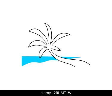 One single continuous line of coconut tree on the beach isolated on white background. Stock Vector