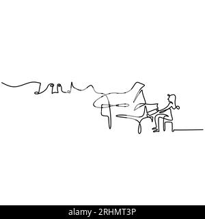 One single continuous line of girl playing piano with music notes isolated on white background. Stock Vector