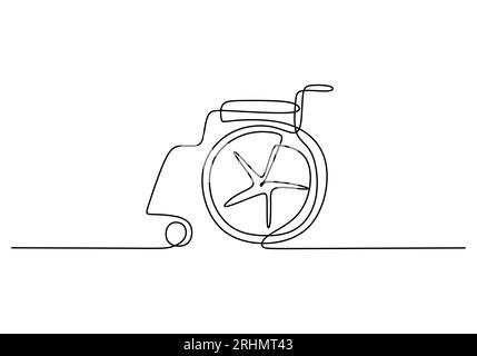 Continuous one single line of wheelchair for disabled man isolated on white background. Stock Vector