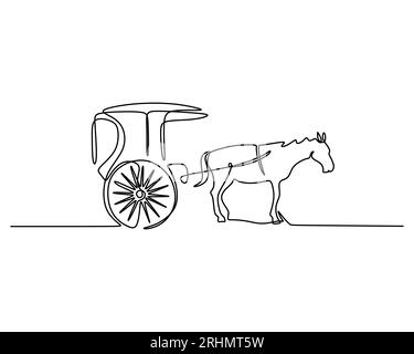 One single continuous line of wagon carriage with horse pulling it. Vintage transportation isolated on white background. Stock Vector