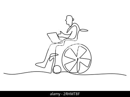 Continuous one single line of disabled man doing work from home with laptop on wheelchair isolated on white background. Stock Vector