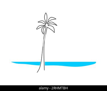 One single continuous line of coconut tree on the beach isolated on white background. Stock Vector