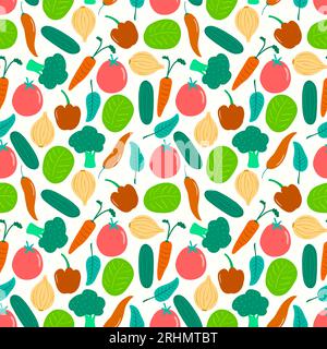 Seamless pattern of vegetable with Tomato, Broccoli, Onion, Cucumber, Cabbage, Red Chilli, Paprika, Carrot, Spinach isolated on white background. Stock Vector