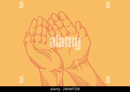 Hand drawn sketch of hand praying isolated on orange background for religion theme in colorful style. Stock Vector