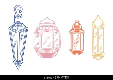 Set of hand drawn lanterns for islamic ornaments element for ramadan isolated on white background in colorful style. Stock Vector
