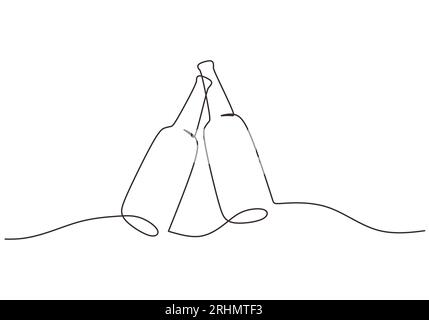 One continuous single line of two bottle cheers for celebration isolated on white background. Stock Vector