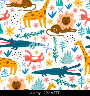 Seamless pattern of lion, crocodile, giraffe and zebra cute animal in childish style isolated on white background. Stock Vector