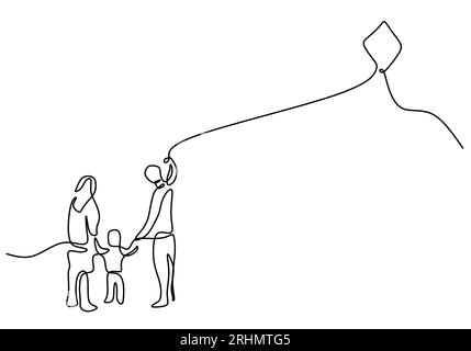 One continuous single line of dad, mom and son playing kite isolated on white background. Stock Vector