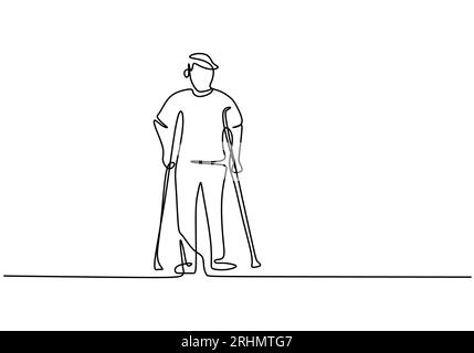 One continuous single line of disabled man with walker isolated on white background. Stock Vector