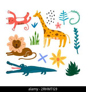 Set of lion, crocodile, giraffe and zebra cute animal in childish style isolated on white background. Stock Vector