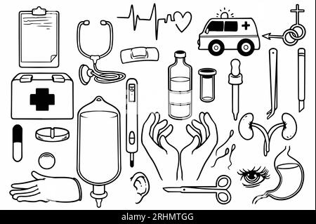 Hand drawn set of medical equipment stuff doodle isolated on white background. Stock Vector