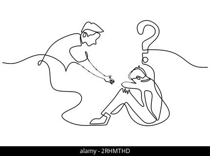 One continuous single line of man helping his sad friend isolated on white background. Stock Vector