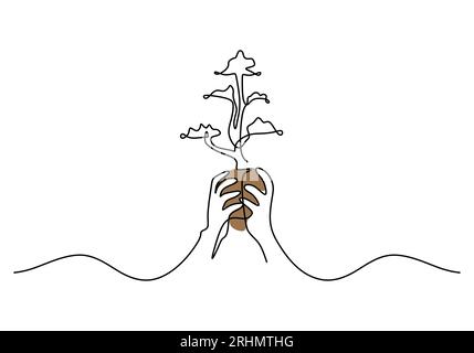 One continuous single line of hand holding plant isolated on white background. Stock Vector