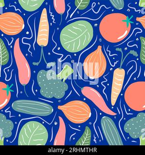 Seamless pattern of vegetable with Tomato, Broccoli, Onion, Cucumber, Cabbage, Red Chilli, Paprika, Carrot, Spinach isolated on blue background. Stock Vector