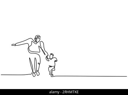 One continuous single line of father and son running isolated on white background. Stock Vector