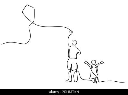 One continuous single line of dad and son playing kite isolated on white background. Stock Vector