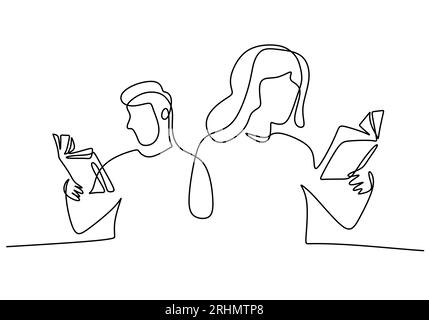 One continuous single line of boy and girl reading book isolated on white background. Stock Vector