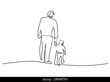 One continuous single line of father and son walking together isolated on white background. Stock Vector
