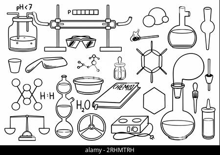 Hand drawn set of chemical equipment stuff doodle isolated on white background. Stock Vector