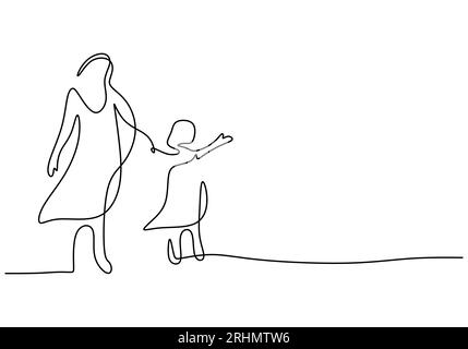 One continuous single line of mother and daughter walking isolated on white background. Stock Vector