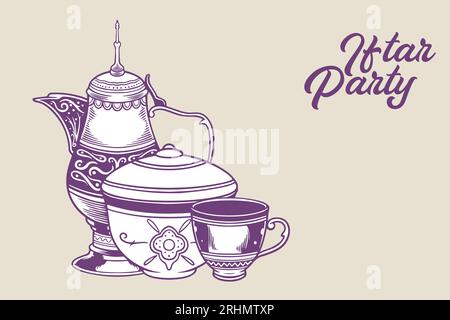 hand drawn of iftar party ramadan kareem elements as islamic ornaments with traditional Arabic dishes isolated on light purple background. Stock Vector