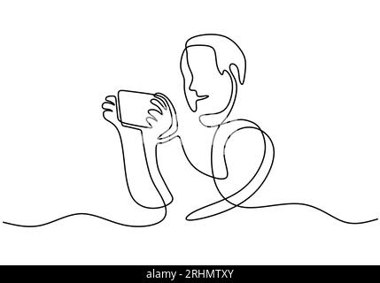 One continuous single line of boy playing mobile game use smartphone isolated on white background. Stock Vector