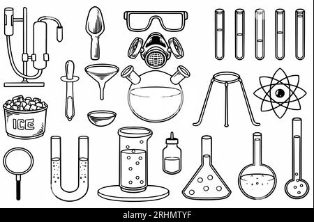 Hand drawn set of chemical equipment stuff doodle isolated on white background. Stock Vector