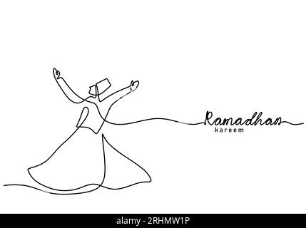 One continuous single line of ramadan kareem word with man dancing isolated on white background. Stock Vector