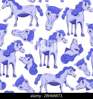 Seamless pattern of cute blue little pony horse isolated on white background. Stock Vector