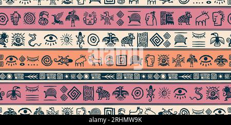 Set of colored seamless symbol patterns hand drawn aztec style. Good for textiles, headbands, paper and wallpaper. Vector illustration. Abstract geome Stock Vector