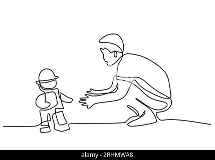 One continuous single line of boy playing with his little robot isolated on white background. Stock Vector