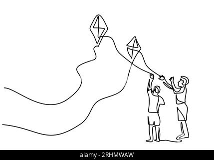 One continuous single line of father playing kite with his son isolated on white background. Stock Vector