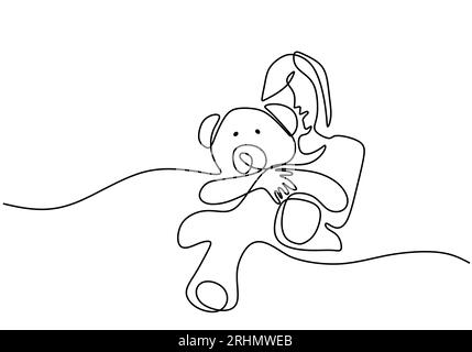 One continuous single line of little girl hug big teddy bear isolated on white background. Stock Vector