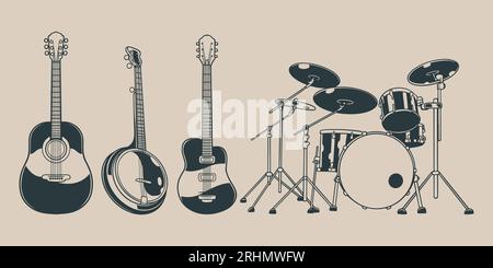 Seamless pattern with hand drawn stylish doodle musical instruments. Collection of types of classical musical instruments. Drum. Guitar. Vector illust Stock Vector