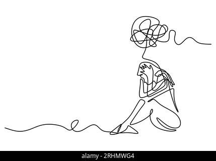 One continuous single line of sad woman sitting and crying isolated on white background. Stock Vector