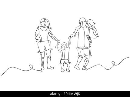 One continuous single drawing line art parents playing together with their children.Vector illustration. Isolated one line hand draw on a white backgr Stock Vector