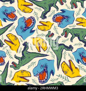 Seamless pattern of cute dinosaurs in colorful style isolated on white background. Stock Vector