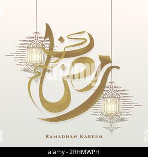 Ramadan Kareem greeting card with calligraphy and hand drawn lantern square. Stock Vector