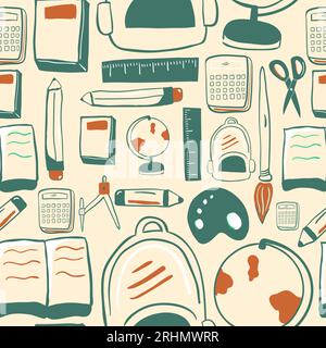 Seamless pattern of stationary items stuff for study at school isolated on white background. pencil, calculator, book, ruler, yardstick, school bag, g Stock Vector