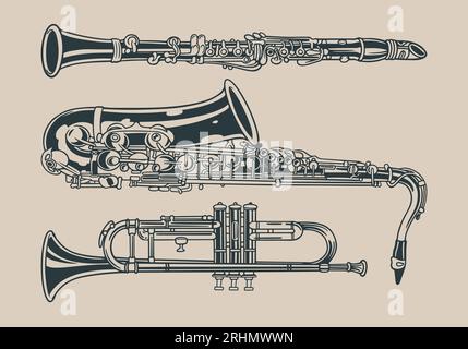 Seamless pattern with hand drawn doodle classical Musical Instrument. A collection of classical musical instruments that are blown. Vector illustratio Stock Vector