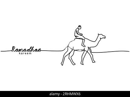 One continuous single line of ramadan kareem word with man riding camel on desert isolated on white background. Stock Vector