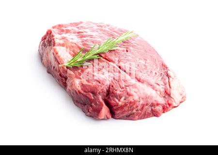 Raw fillet steak beef meat and rosemary isolated on the white background. Stock Photo