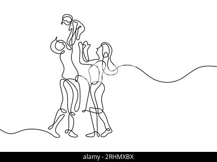 One continuous single drawing line art happy family relationship. Vector illustration. Isolated image hand draw contour on a white background. Stock Vector