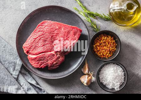 Raw fillet steak beef meat on the plate. Top view. Stock Photo