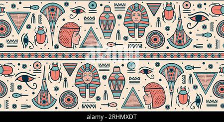 Set of seamless symbol patterns hand drawn ancient egyptian tribal style. Good for textiles, paper, wallpaper, headbands and web pages. Vector illustr Stock Vector